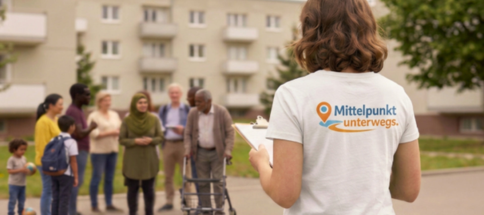 Eine Frau steht mit dem Rücken zur Kamera mit einem Klemmbrett in der Hand und dem Logo von 